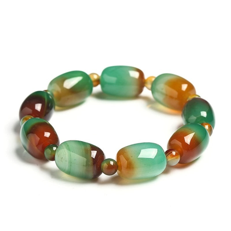 Natural Peacock Agate Barrel Beaded Bracelet - 18-19cm // 