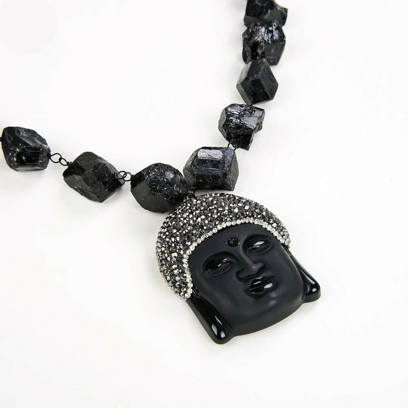 Natural, Raw Black Tourmaline Necklace with Black Onyx Buddha Pendant - Ideal Place Market