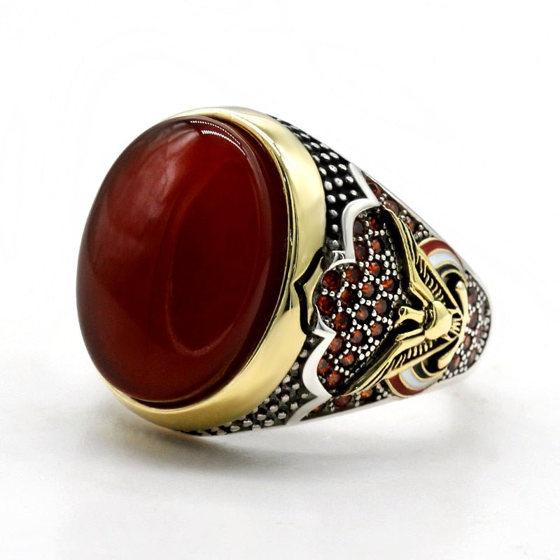 Natural Red Agate & Zircon S925 Sterling Silver Mens Ring - Ideal Place Market