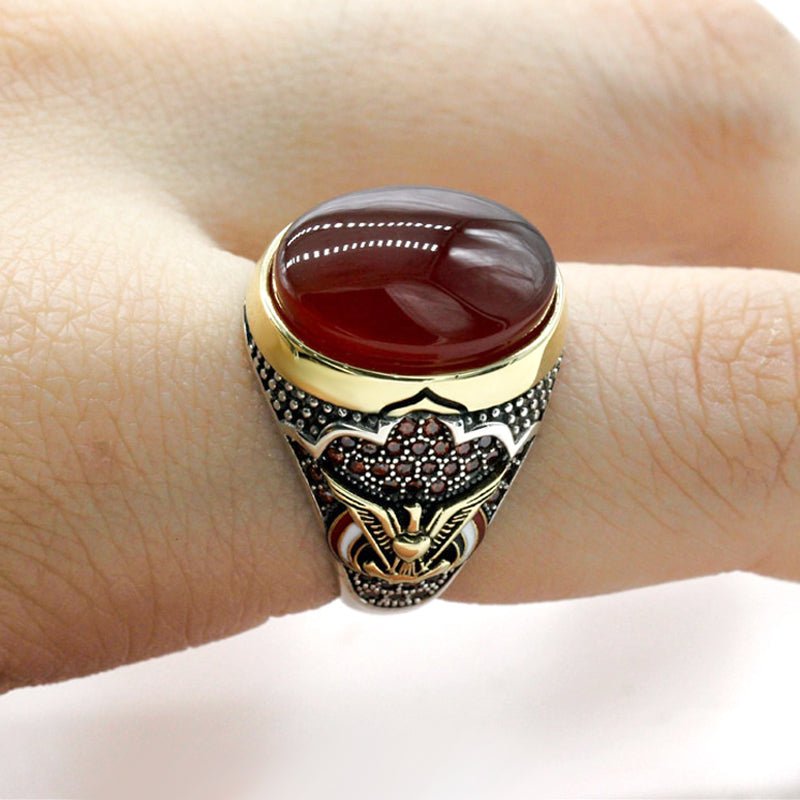 Natural Red Agate & Zircon S925 Sterling Silver Mens Ring - Ideal Place Market