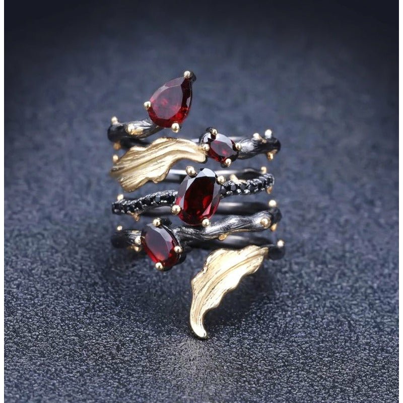 Natural Red Garnet Gems Nestled in Sterling Silver Vined Ring - Ideal Place Market