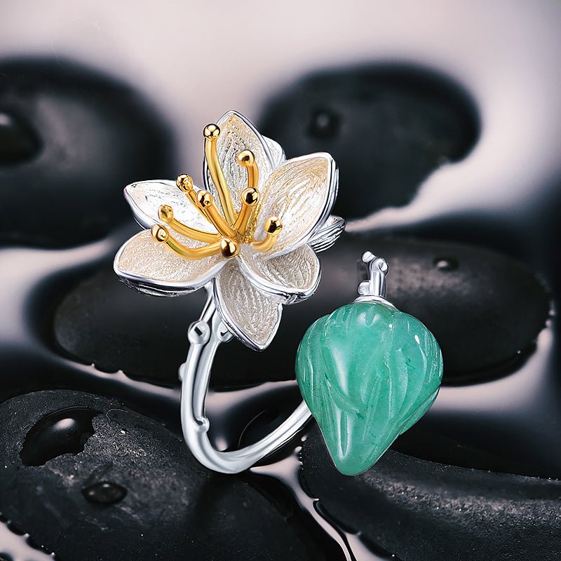 Natural Stone Paired with Silver & Gold Blooming Lotus Ring - Ideal Place Market