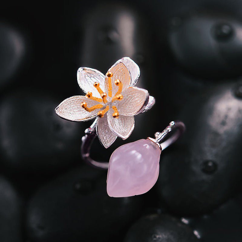 Natural Stone Paired with Silver & Gold Blooming Lotus Ring - Ideal Place Market