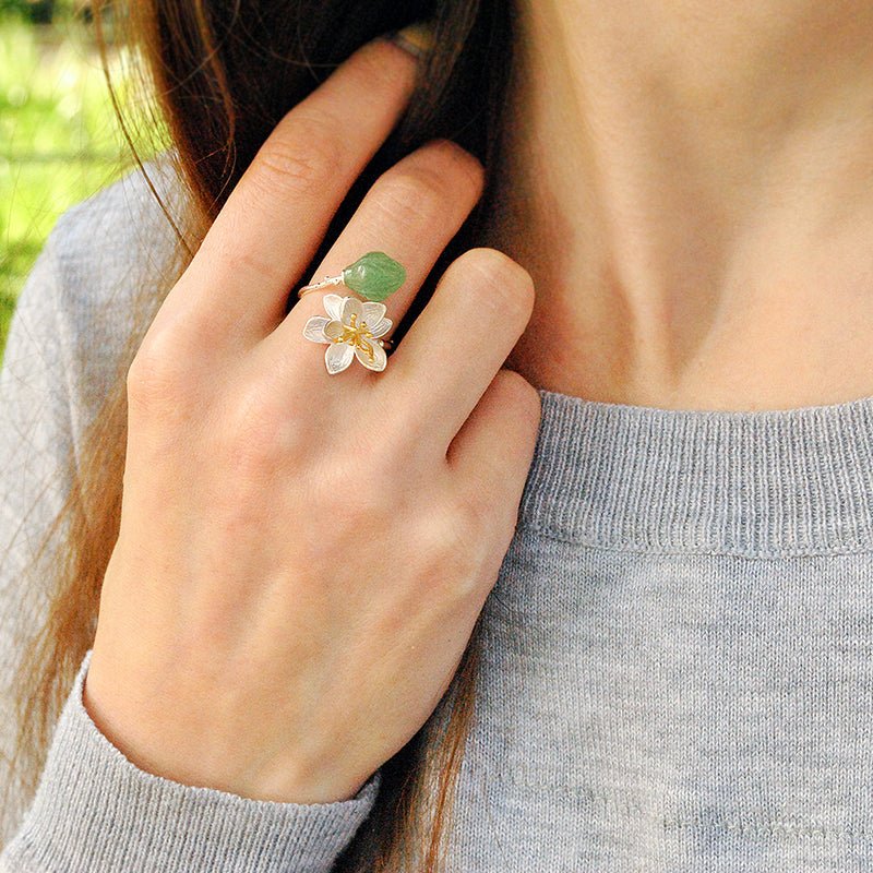 Natural Stone Paired with Silver & Gold Blooming Lotus Ring - Ideal Place Market