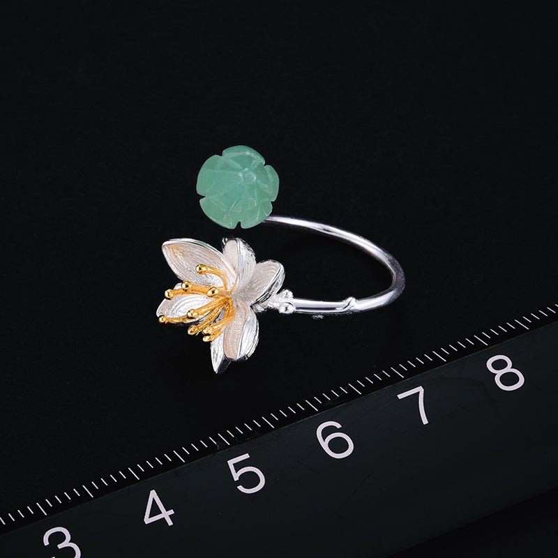 Natural Stone Paired with Silver & Gold Blooming Lotus Ring - Ideal Place Market