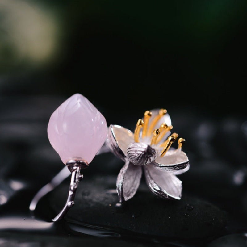 Natural Stone Paired with Silver & Gold Blooming Lotus Ring - Ideal Place Market