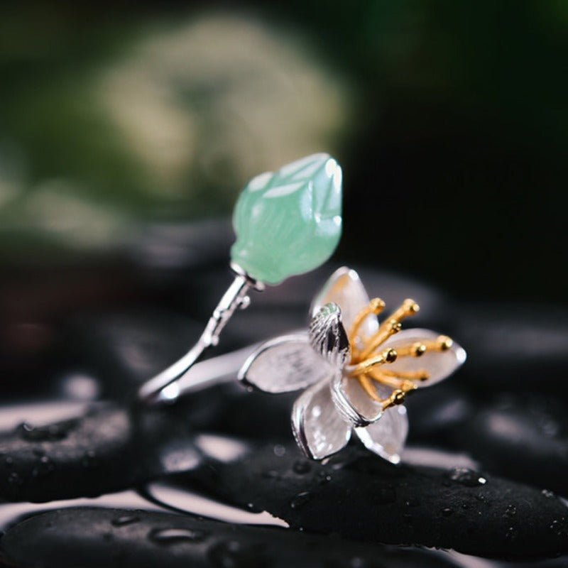 Natural Stone Paired with Silver & Gold Blooming Lotus Ring - Ideal Place Market