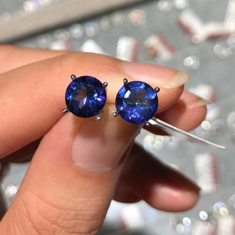 Natural Tanzanite & Silver Stud Earrings - 8mm - Ideal Place Market