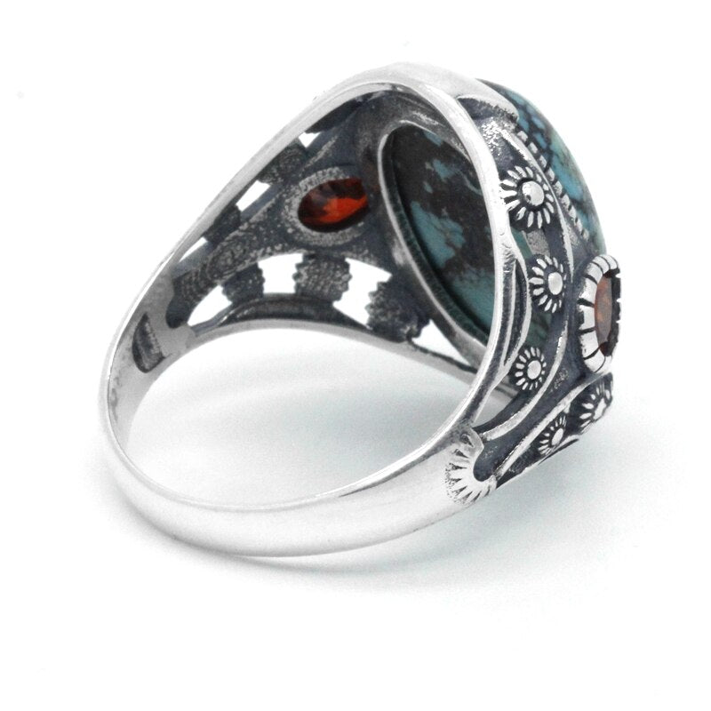 Natural Turquoise & Red Zircon Silver Ring for Men