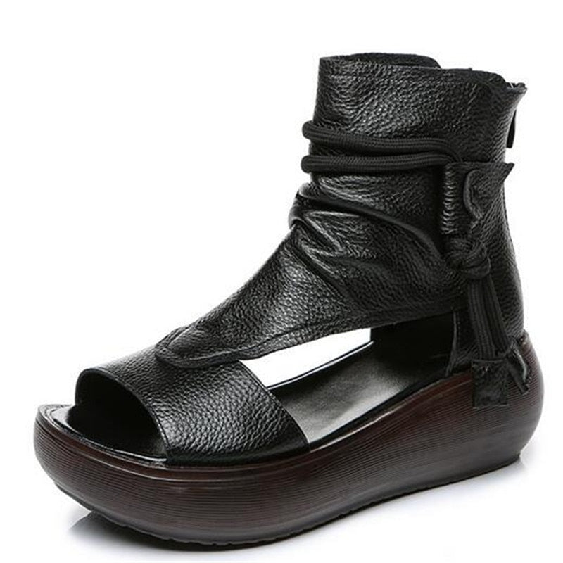 Open Sided Leather Platform Ankle Booties with Tassels - Ideal Place Market