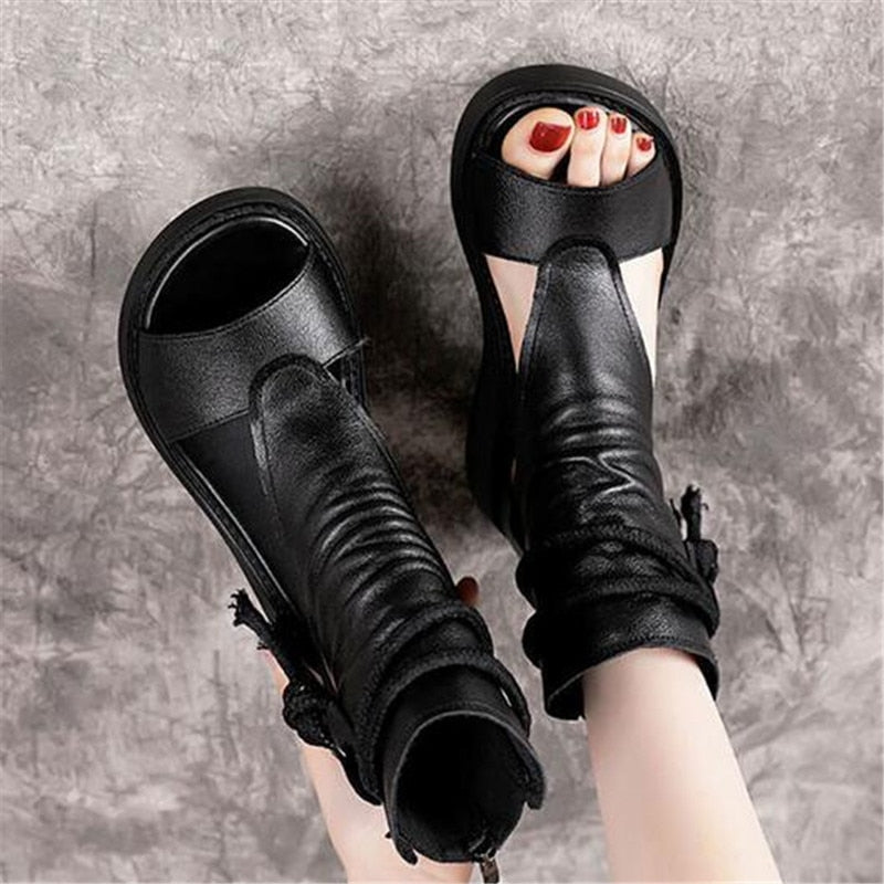 Open Sided Leather Platform Ankle Booties with Tassels - Ideal Place Market