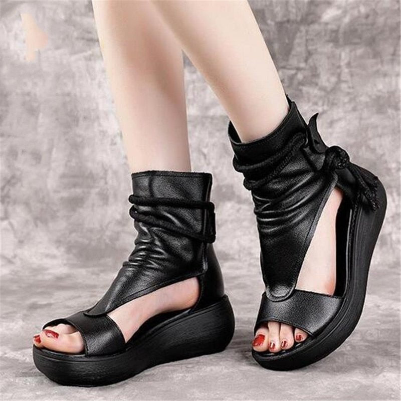 Open Sided Leather Platform Ankle Booties with Tassels - Ideal Place Market