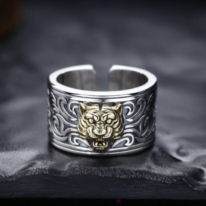 Ornate Growling Tiger Ring in Adjustable 925 Silver - Ideal Place Market