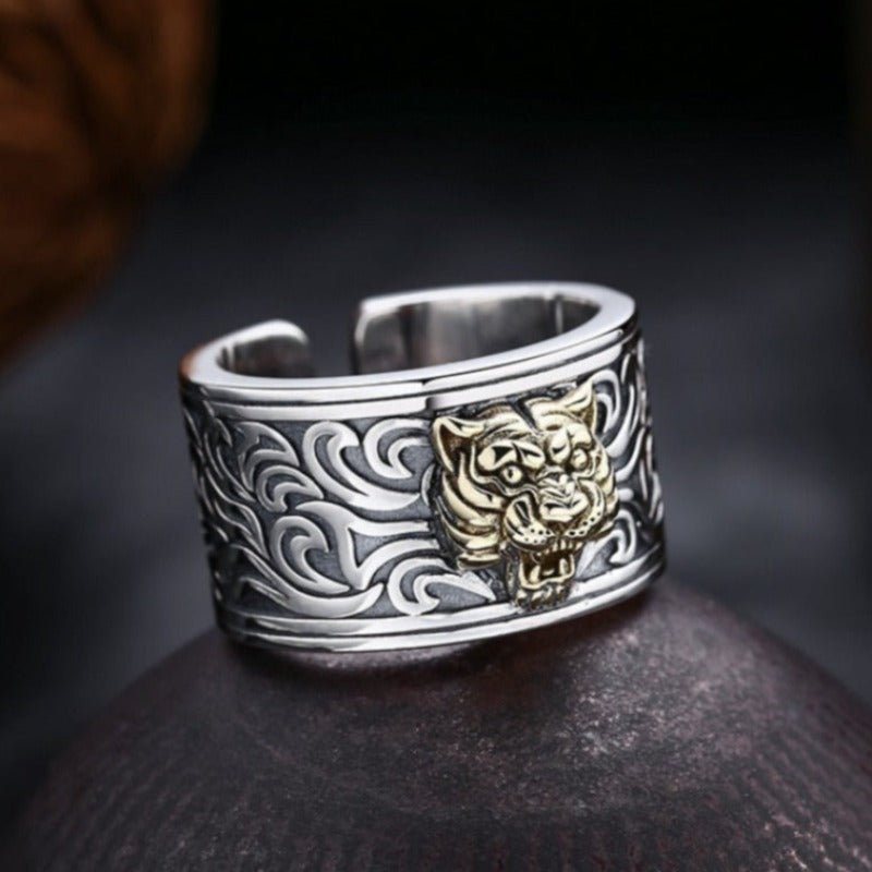 Ornate Growling Tiger Ring in Adjustable 925 Silver - Ideal Place Market