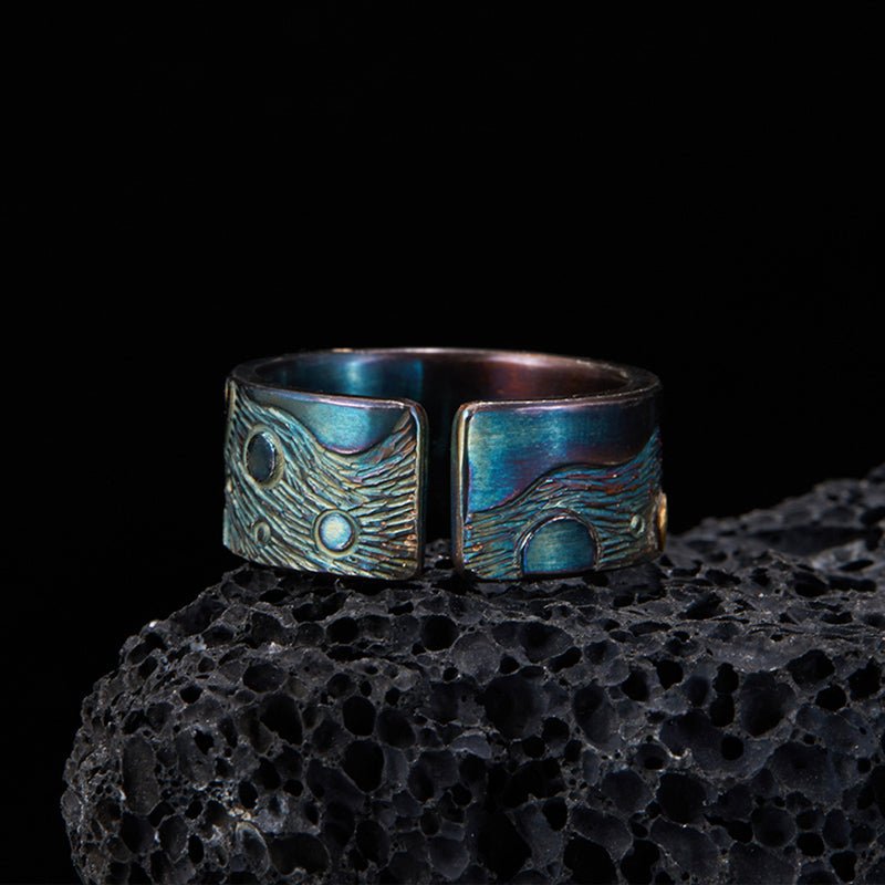 Patina Oxidized Night Sky on S999 Silver Adjustable Ring - Ideal Place Market