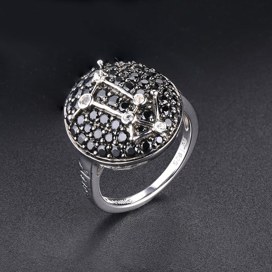 Pavé Black Spinel ’Zodiac Sign’ Sterling Silver Rings