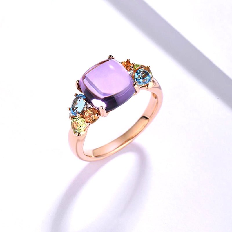 Polished Amethyst & Natural Gem Ring in 14K Rose Gold - Ideal Place Market