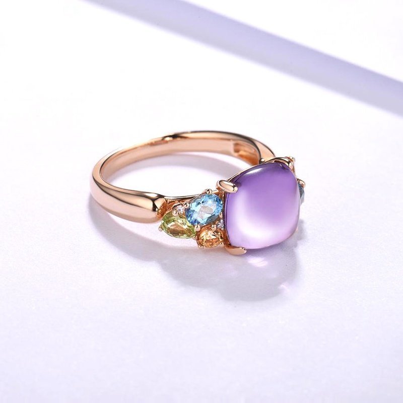 Polished Amethyst & Natural Gem Ring in 14K Rose Gold - Ideal Place Market