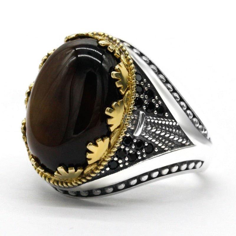 Polished Brown Agate & Black Zircon in S925 Ring - Ideal Place Market