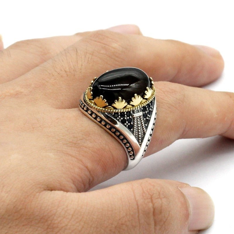 Polished Brown Agate & Black Zircon in S925 Ring - Ideal Place Market