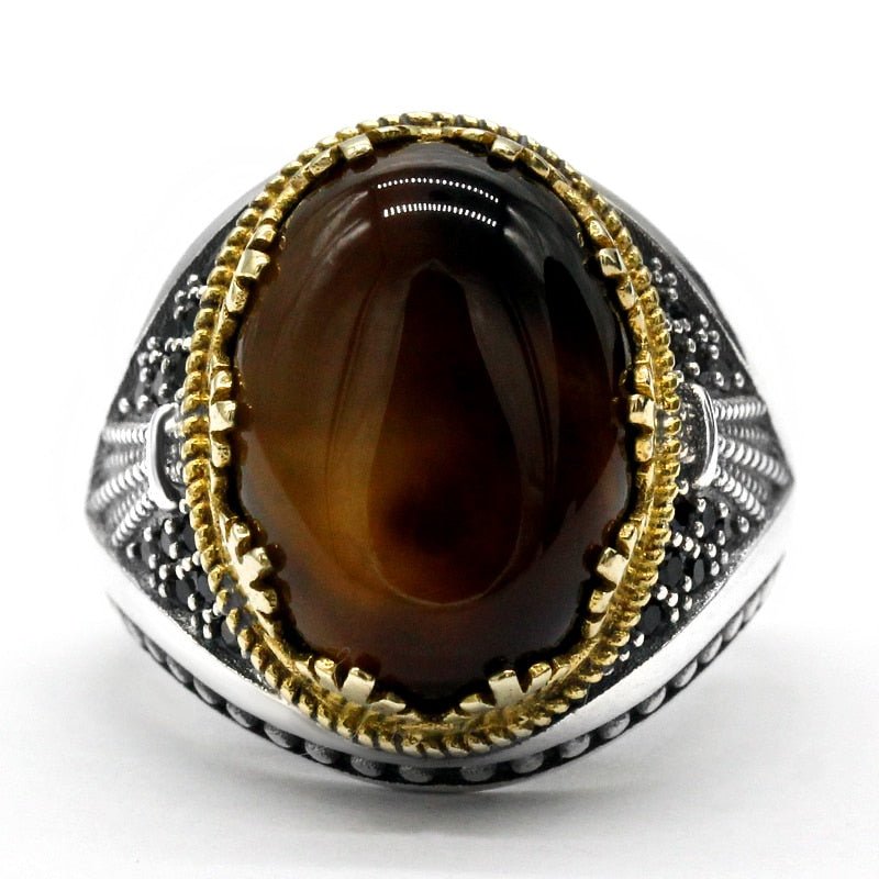 Polished Brown Agate & Black Zircon in S925 Ring - Ideal Place Market