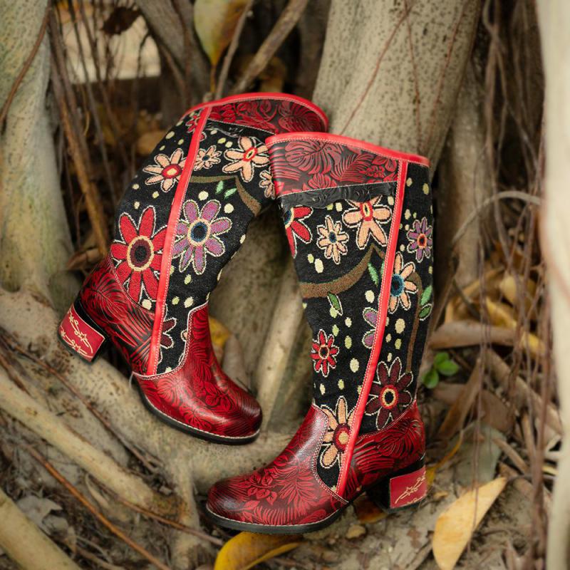 Red Floral Cowhide & Embroidery Knee High Boots