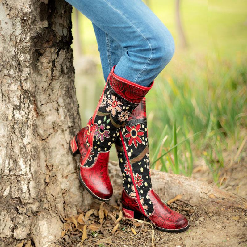 Red Floral Cowhide & Embroidery Knee High Boots