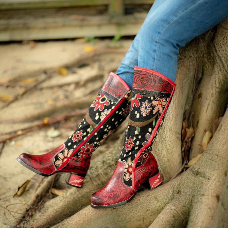 Red Floral Cowhide & Embroidery Knee High Boots