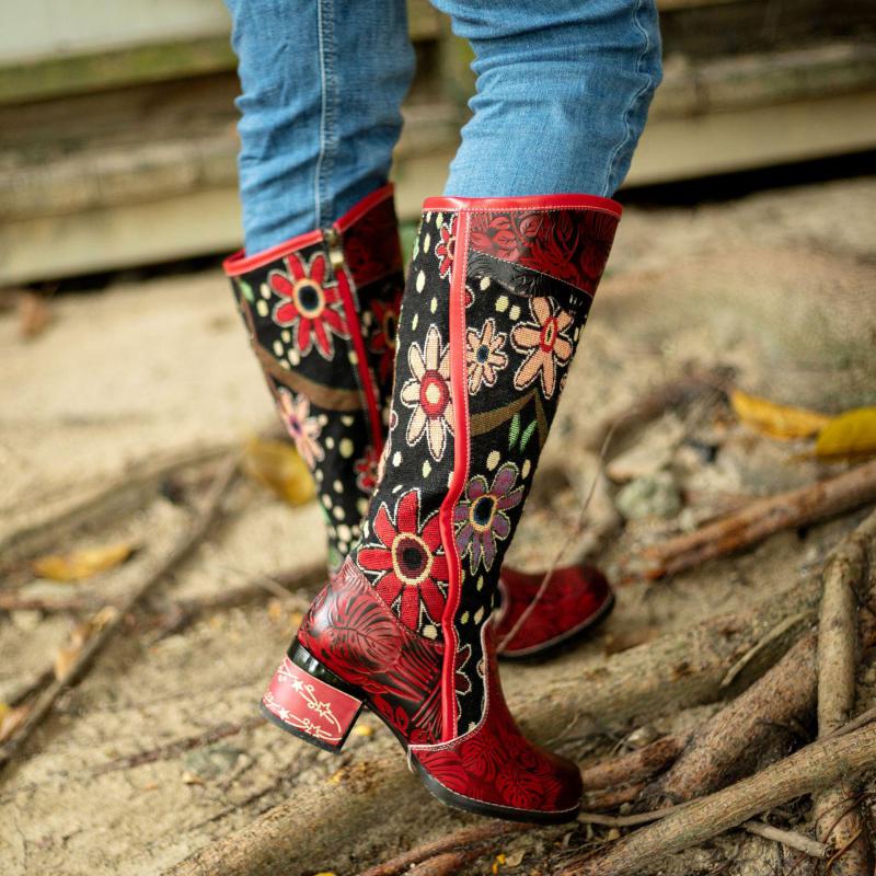 Red Floral Cowhide & Embroidery Knee High Boots