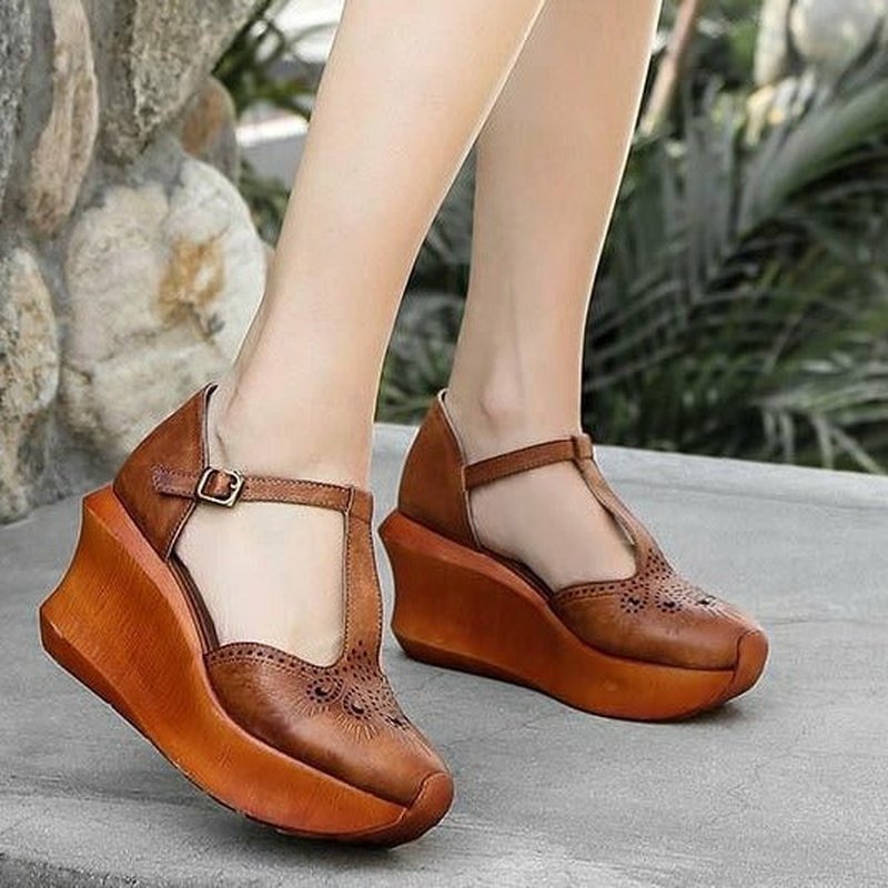 Retro 70s Handmade Tanned Leather T-Strap Platforms - Ideal Place Market