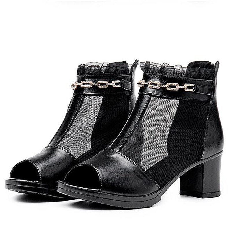 Rhinestone Chain Peep-Toe Black Leather & Ruffle Mesh Summer Booties - Ideal Place Market