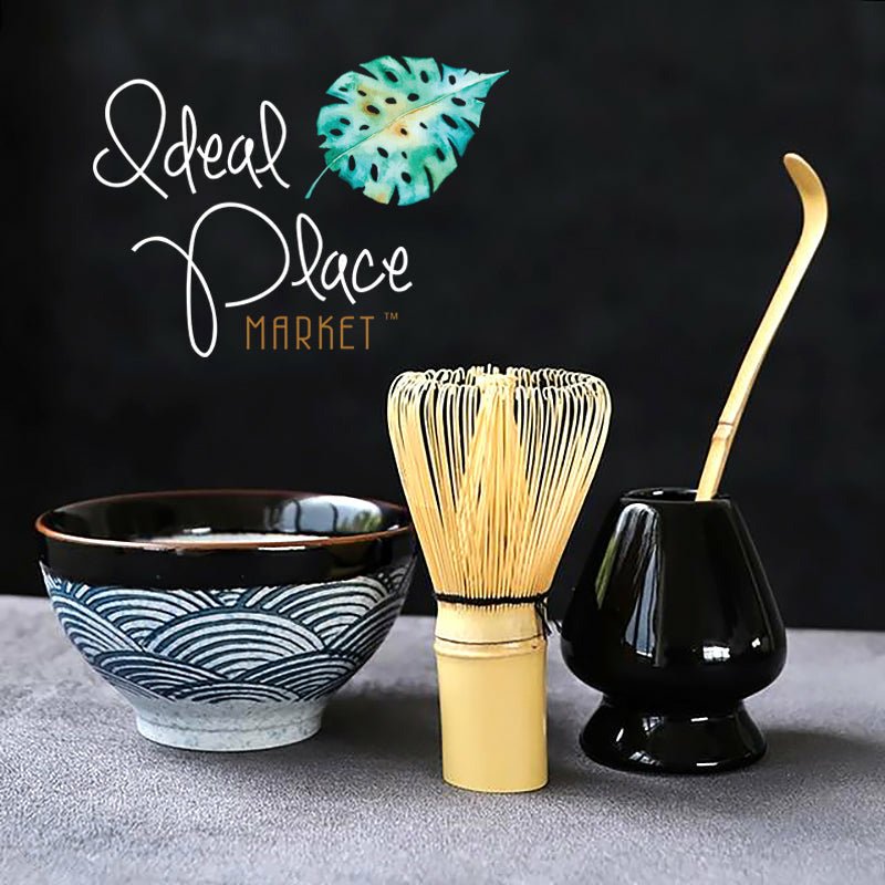 Rich Black/Brown & Blue Fanned Ceramic Matcha Set with Natural Bamboo Whisk - Ideal Place Market