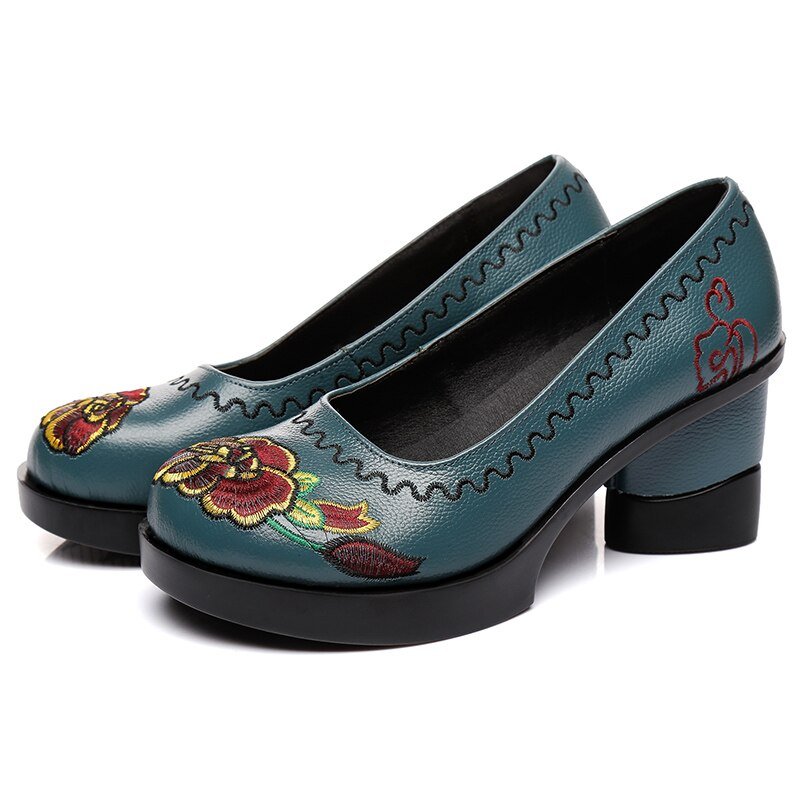 Round-Toe Floral Embroidered Low Platform Pumps - Ideal Place Market