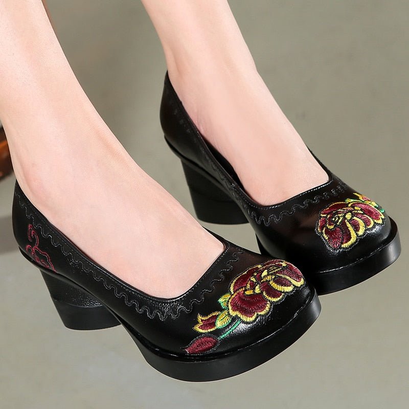 Round-Toe Floral Embroidered Low Platform Pumps - Ideal Place Market