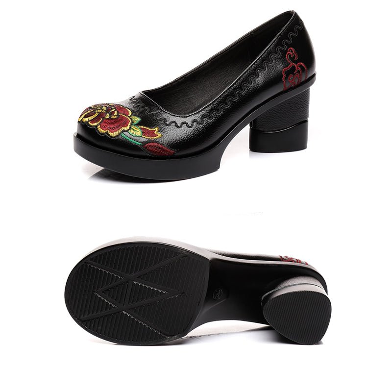 Round-Toe Floral Embroidered Low Platform Pumps - Ideal Place Market