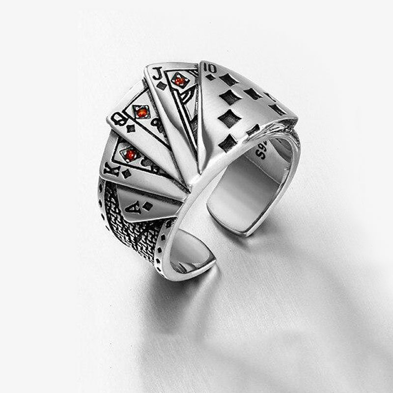 Royal Flush Poker Ring in 925 Silver and Red Corundum - Ideal Place Market