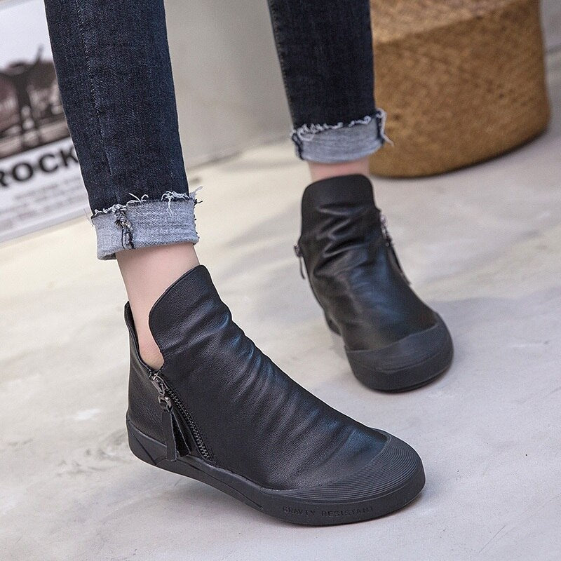 Ruched Genuine Leather Rubber Bottom Ankle Booties - Your Choice of Lining - Ideal Place Market