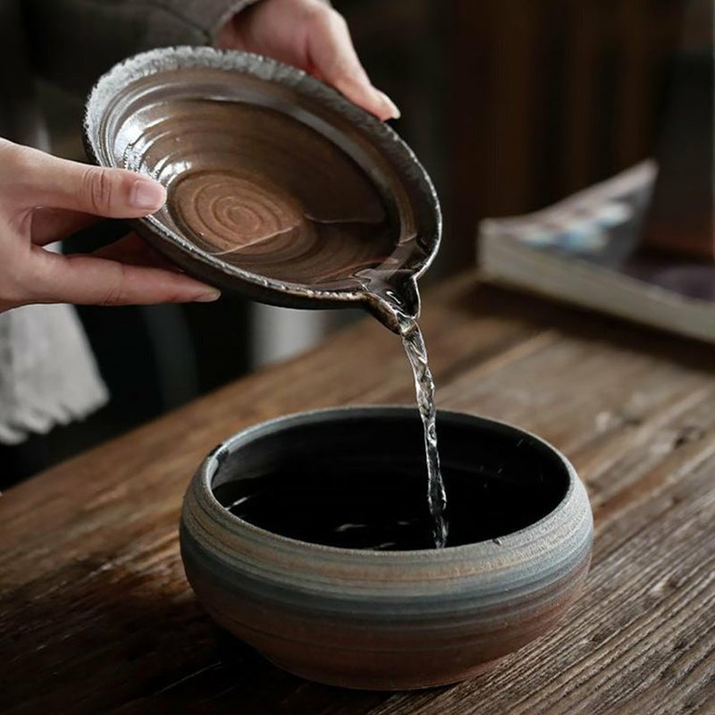 Rustic Handmade Circular Ceramic Teapot Tray with Rattan Mat - Ideal Place Market