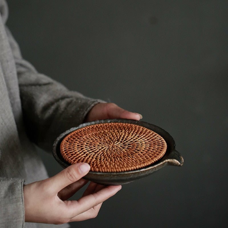 Rustic Handmade Circular Ceramic Teapot Tray with Rattan Mat - Ideal Place Market