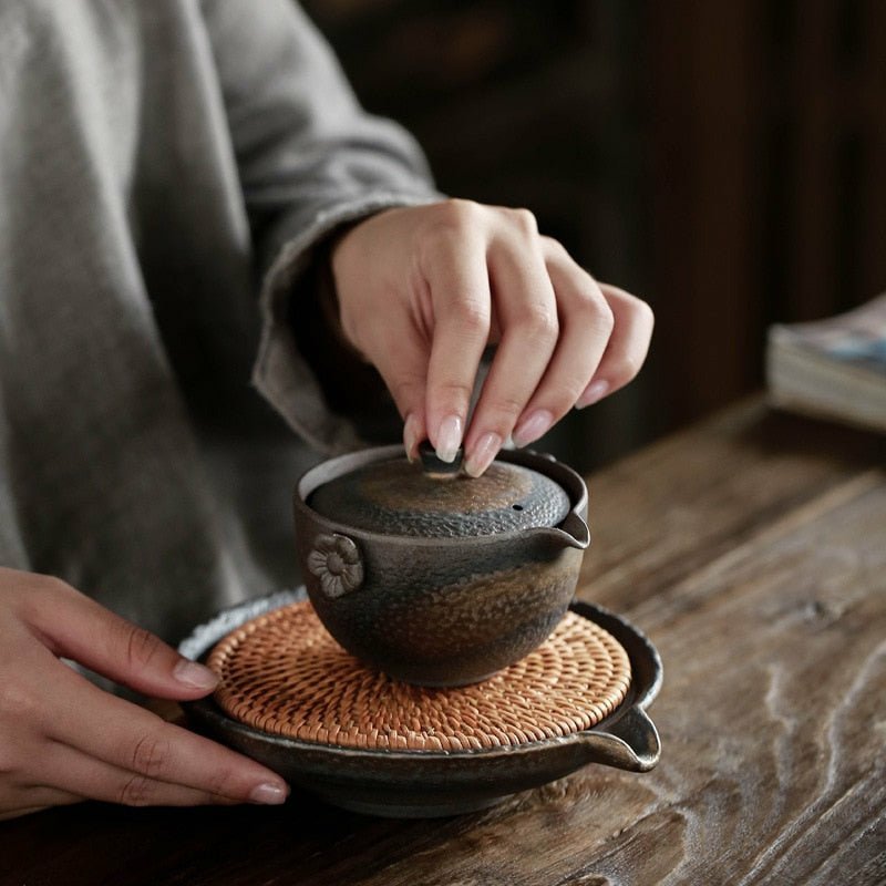 Rustic Handmade Circular Ceramic Teapot Tray with Rattan Mat - Ideal Place Market