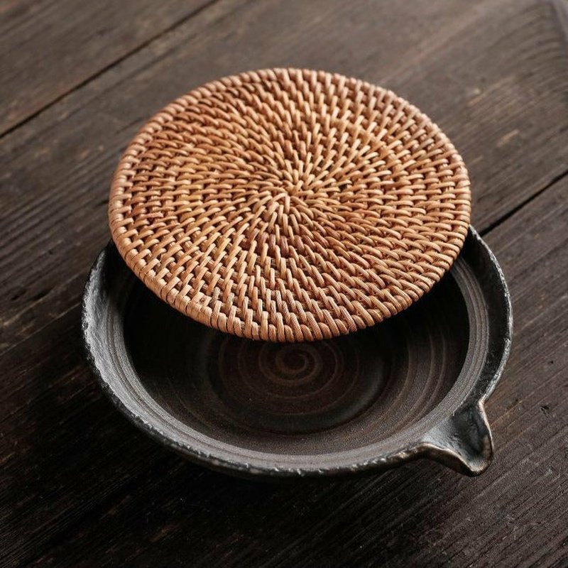 Rustic Handmade Circular Ceramic Teapot Tray with Rattan Mat - Ideal Place Market