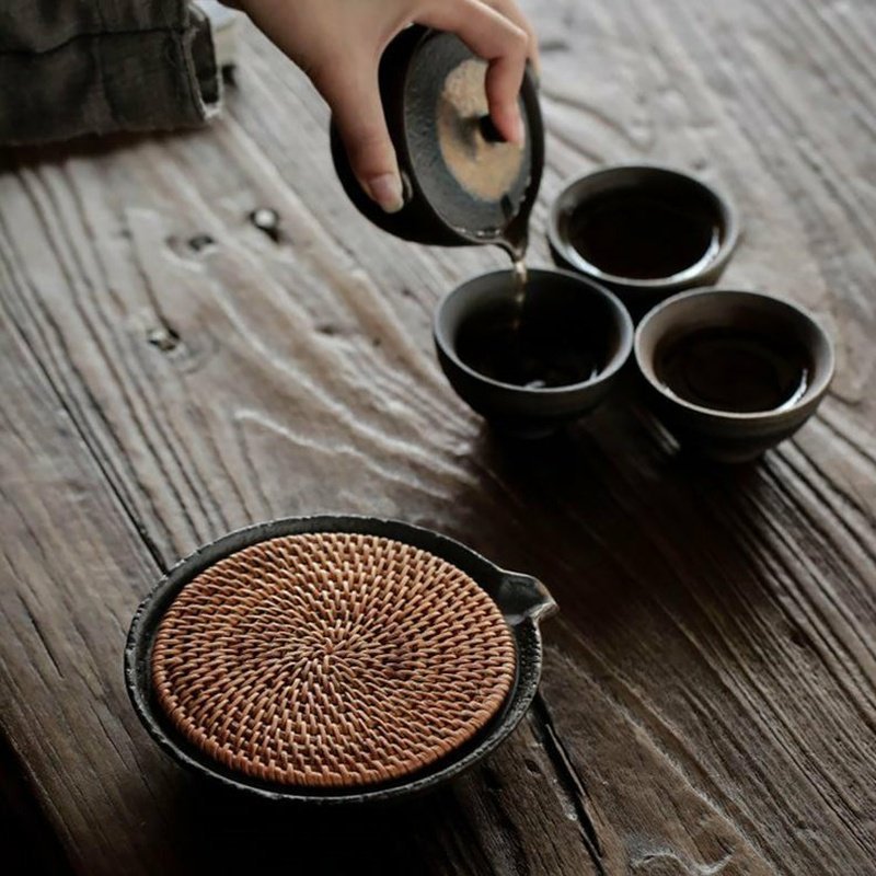 Rustic Handmade Circular Ceramic Teapot Tray with Rattan Mat - Ideal Place Market