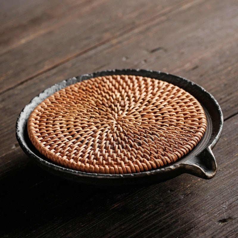 Rustic Handmade Circular Ceramic Teapot Tray with Rattan Mat - Ideal Place Market