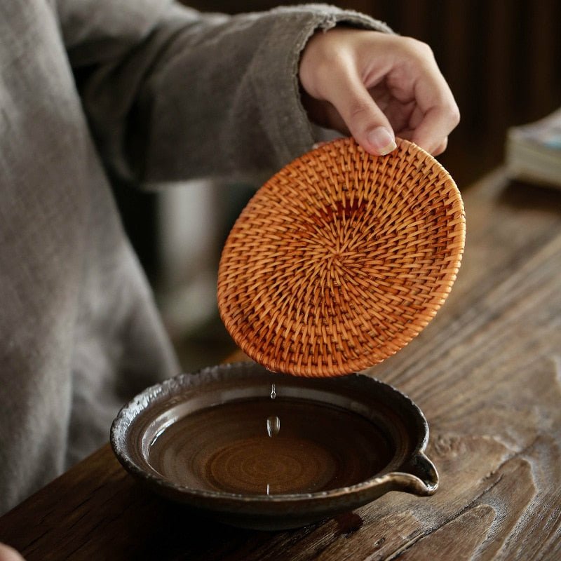 Rustic Handmade Circular Ceramic Teapot Tray with Rattan Mat - Ideal Place Market