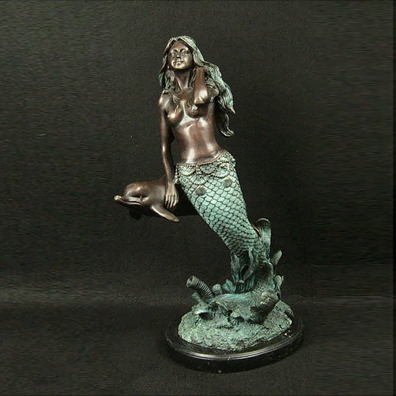 Sea Inspired Bronze 'Mermaid & Dolphin' Sculpture with Marble Base - Ideal Place Market