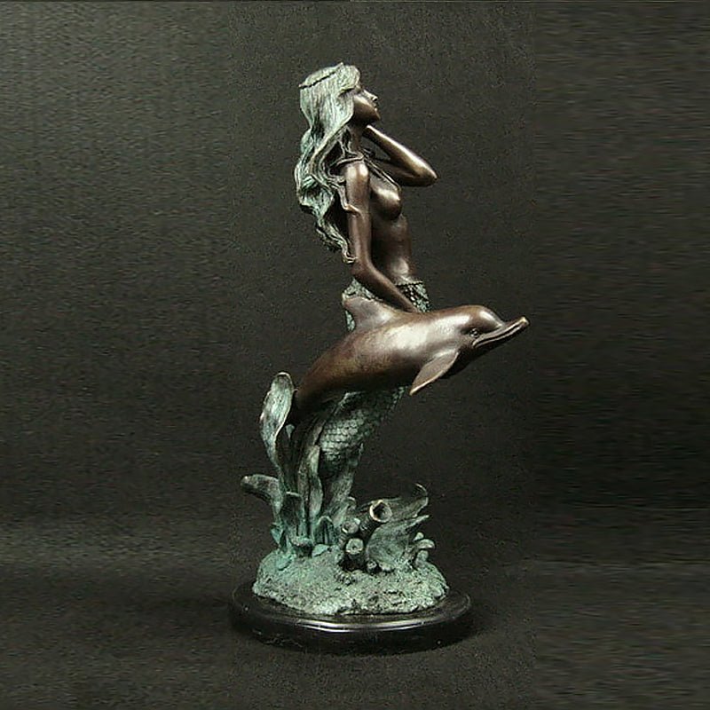 Sea Inspired Bronze 'Mermaid & Dolphin' Sculpture with Marble Base - Ideal Place Market