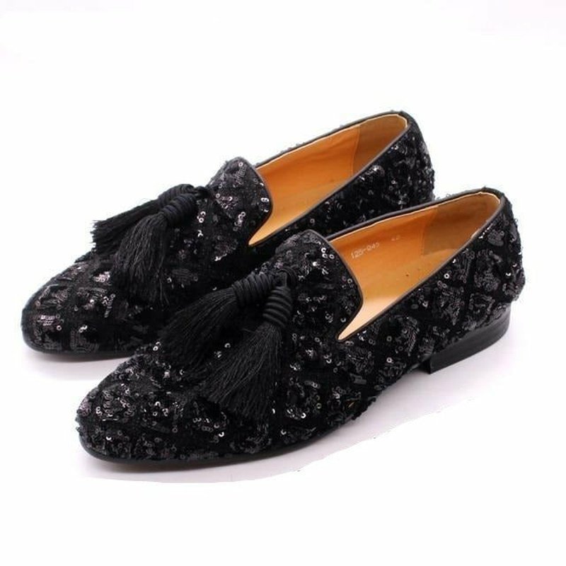 Sheepskin Lined Sequined Slip-On Dress Loafers with Black Tassels - Ideal Place Market