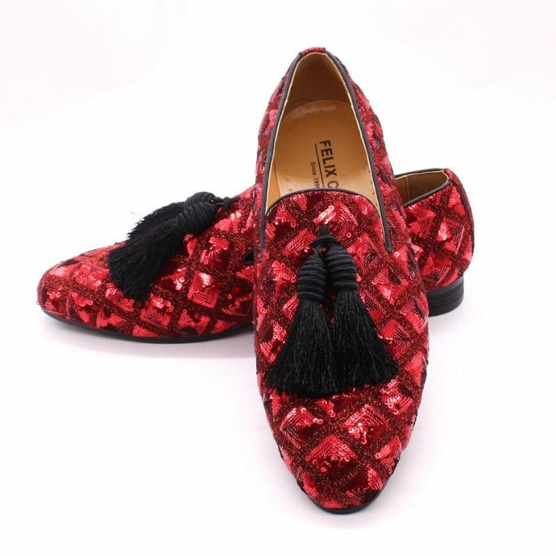 Sheepskin Lined Sequined Slip-On Dress Loafers with Black Tassels - Ideal Place Market