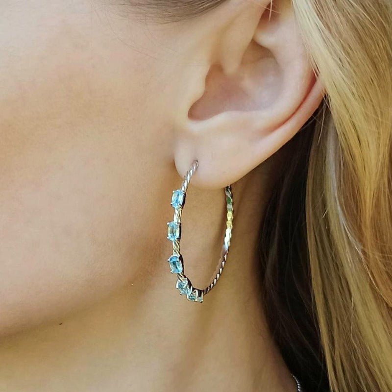 Sky Blue Topaz in Twisted S925 Silver Hoop Earrings - Ideal Place Market