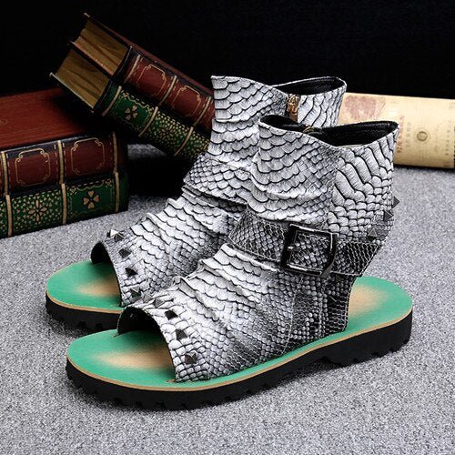 Snake Embossed Genuine Cowhide Riveted Gladiators for Men - Ideal Place Market